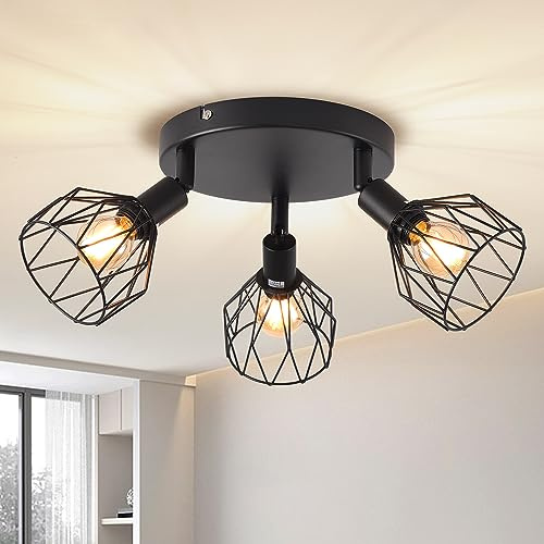 ANWIO Plafonnier Spots, 3 Spots de Plafond Led Intérieurs Base E14, Spots de Plafond Noirs avec Base Ronde, Plafonnier Pivotant LED Plafonnier (Sans Ampoules).