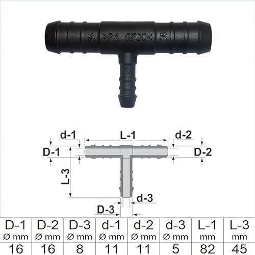 1, 2, 3, 5 oder 10 Stück T-Schlauchverbinder reduziert 16 mm 8 mm 16 mm PA GF30 T Stück schwarz (2)