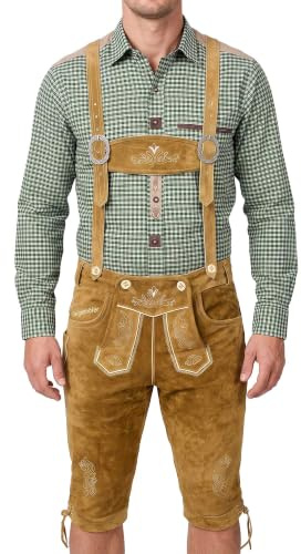 Bavarian Knee-Length Lederhosen for Men - Designed in Germany - Genuine Leather Pants with H-Style Suspenders, Color: Light Brown, US Size: 38