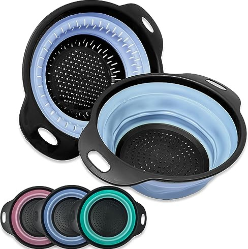 2er Set Siikon Küchensieb faltbar Sieb Seiher Nudelsieb platzsparend für die Küche oder Camping (Blau)