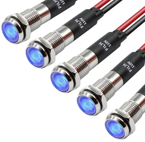 FILN 5Pcs 8MM (5/16'') Indicator Light led Indicator 110V 220V Metal Pilot Lamp Lights Aluminum Black Anodized Waterproof ip67 Red Signal Lamp Light(110V-Brass Nickel Plated-Blue 5Pcs)