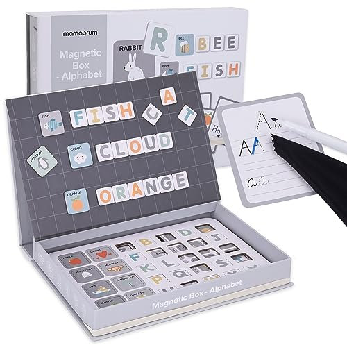 mamabrum, Magnetpuzzle – Alphabet – Schreiben Lernen, 1 Magnetbox, löschbarer Marker, Stoff, 26 Karten, 78 Magnetplättchen, für Kinder