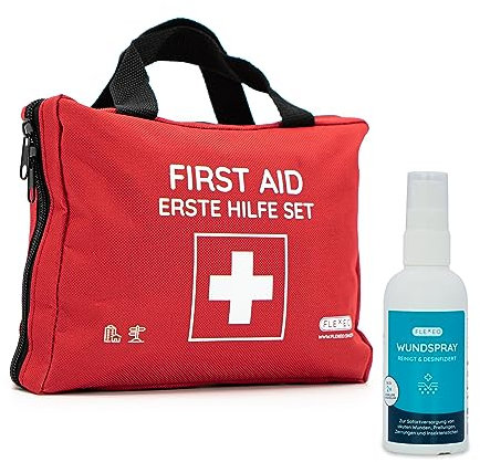 Erste-Hilfe-Tasche mit Wundspray, Sofort-Kältekompressen, Rettungsdecke und Pflastersortiment - umfangreich gefüllt - Set - Zuhause & Outdoor