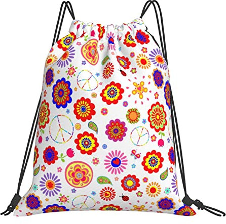SJOAOAA Hippie mit Peace Symbol Pilze Kordelzug Taschen für Damen und Herren String Bag Turnbeutel Geschenk für Yoga Schule Schwimmen Strand, Hippie Kindisch Bunt, One size