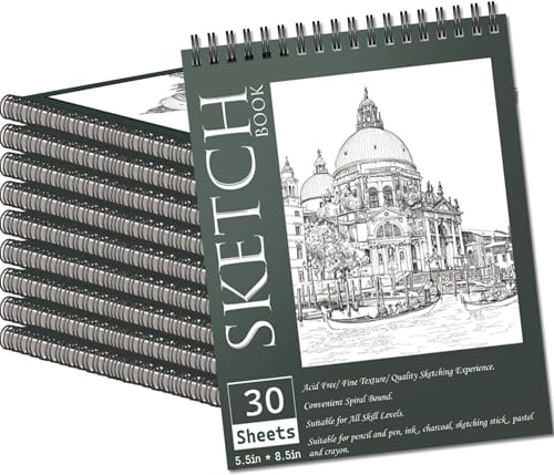 OSIMIG Paquete de 10 cuadernos de bocetos A5 a granel, 100 g/m² de papel grueso encuadernado en espiral, bloc de bocetos de tapa dura para dibujar y bocetar, cuaderno de bocetos para estudiantes,