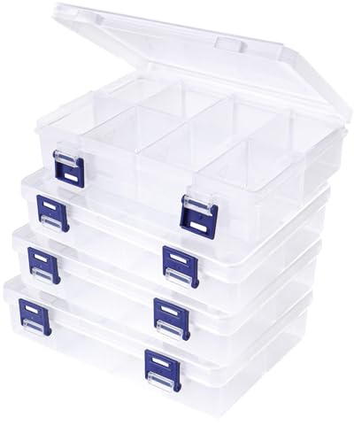 MUNGHOK 4 Stück 8 Fächer Aufbewahrungsbox Plastik, Klein Aufbewahrungsbox Verstellbare Fächer, Einstellbar Sortimentskasten Klar Sortierboxen für Kleinteile Schrauben Schmuck Ohrringe