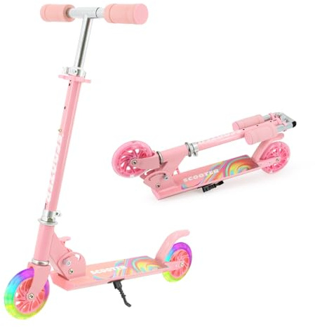 TENBOOM Scooter for Kids Ages 4-7, Boys & Girls - LED Light Up Wheels, 2-Wheel Kick Scooter with Adjustable Handlebar & Rear Brake, Candy Pink