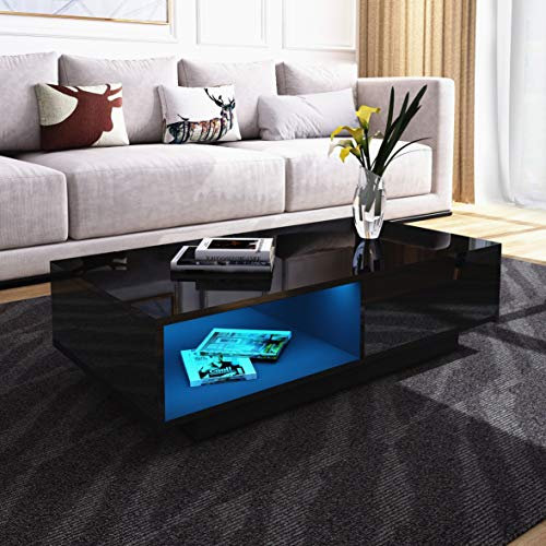 Generisch Moderner Couchtisch Schwarz Hochglanz Kaffee Tee Tisch mit 1 Aufbewahrungs Schublade Mitteltisch mit LED Licht Set für Wohnzimmermöbel, CT06-BK-LED0.5M