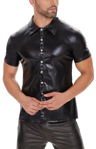 xokesy Herren Sexy Glänzendes Lacklederhemd, kurzärmelig, weiches Freizeit Leder-Hemd mit Revers, Club-Outfits Clubwear Muskelshirt elastisches Unterhemd Schwarz mit Knöpfen