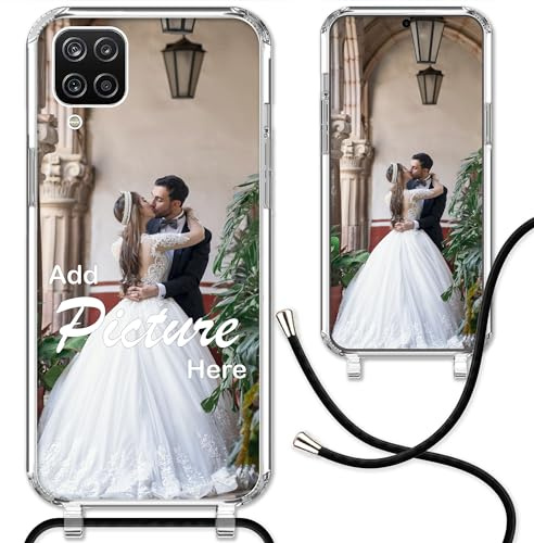 CoverHeld Hülle für Samsung Galaxy A12 5G Handyhülle mit Band selbst gestalten aus Silikon Hülle mit deinem Bild/Design personaliseren und einzigartig Machen/Handykette Kordel Band in Schwarz