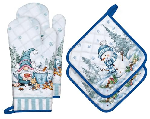 Arquiel Weihnachten Ofenhandschuh und Topflappen 4er-Set Baumwolle | Baumwoll-Küchenset mit Weihnachten-Motiv, hitzebeständig und praktisch zum Kochen, Backen und Grillen.