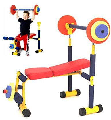 PDKJNID Spaß- Und Fitness-TrainingsgeräTe FüR Kinder, Heimsport-TrainingsgeräTe Hantelbank-Set, Verstellbares Langhantel-Spielzeug-Set FüR AnfäNger Kinder Kleinkind Indoor Outdoor Sport