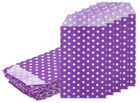 QUARKZMAN 100 Bolsas de Papel Kraft, 6 x 3 Bolsas de Caramelo Kraft a Prueba de Grasa Bolsas Planas de Regalo Pequeñas para Panadería Galletas Postres, Puntos Morados