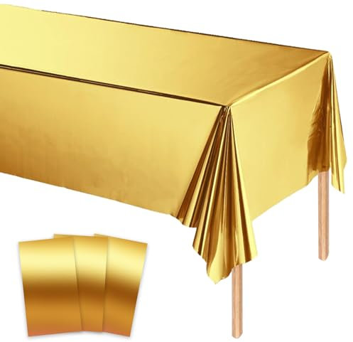 MORAINJAY 3pz Tovaglia Dorata in Alluminio, 137x274cm, Tovaglia Rettangolare per Compleanno, Laurea, Feste Eleganti, Decorazioni Tavola