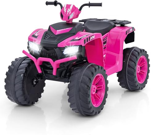 GYMAX Kids Electric Quad Bike, 24V Battery Powered Toy Car with Wireless Connection, USB, Music, Radio, Lights, Soft Start, Forward & Backward, Children Ride on ATV for 3 Years Old+ (Pink)