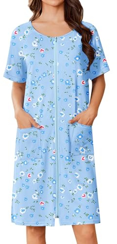 Ekouaer Bata corta con cremallera para mujer, bata de baño ligera con estampado floral, vestido de casa con bolsillos, camisón S-3XL
