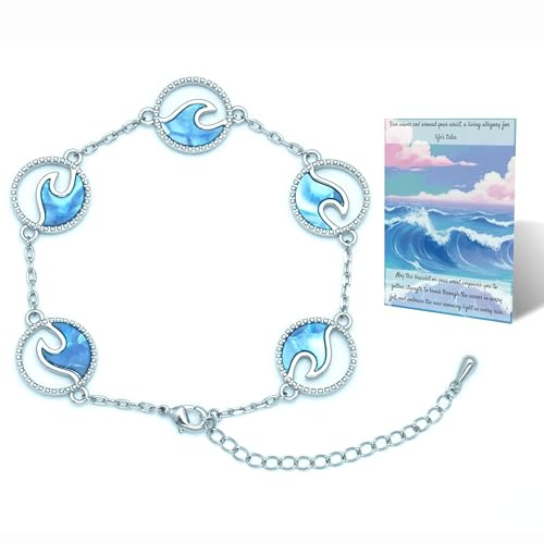 silwaver Wave Bracelet, Birthday Day Gift for Woman Bestie Wife, Gold Plated Blue Mother-of-Pearl Bracelet, Meaningful Jewelry Gifts for Mom Aunt Friend Sister at Christmas Thanksgiving Day