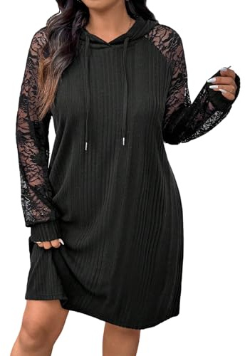 SweatyRocks Abito da donna Curvy con cappuccio, a maniche lunghe, con maniche in pizzo, per il tempo libero, lunghezza al ginocchio, a maniche lunghe, in maglia a costine, per autunno, Nero , XL