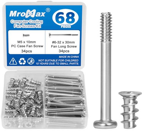 34 Sets (68Pcs) Computer Cooling Fan Screws Kit, #6-32 x 30mm Fan Screw + M5 x 10mm PC Case Fan Screws, Silvery Radiator Fan Screws for 60mm 80mm 90mm 92mm 120mm 140mm 240mm 360mm