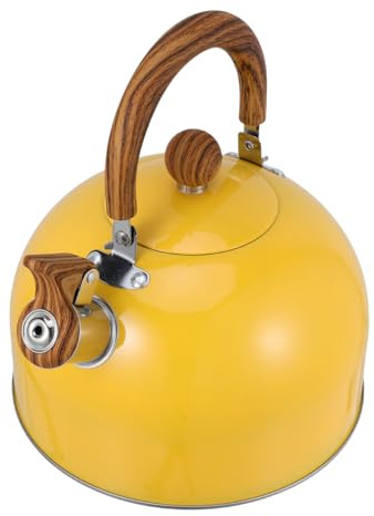Amosfun 2.5L Stainless Steel Whistling Kettle with Wooden Handle, Boiling Water Kettle for Gas Stove, Electric Stove, Great for Home, Camping, Fishing, Light Yellow
