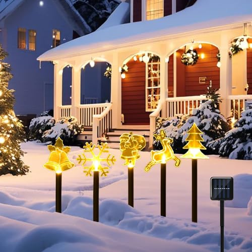 DAJASD 5 pezzi Luci da Esterno Giardino, Luci Natalizie da Esterno, LED Luci Natalizie Decorazioni,Campane, Alce, Babbo Natale, Albero di Natale, Fiocco di Neve per Esterni, Giardino(Bianco Caldo)