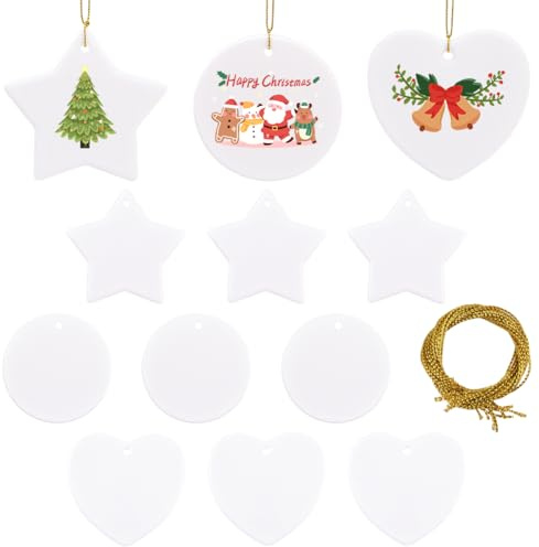 SOFPLATE 12Pcs 3 Styles Sublimation Ceramic Ornaments Blanks Sublimation Hanging Sign Blanks with Gold String White Heart Press Printing Porcelain Discs for Crafting DIY Personalized Christmas Decor