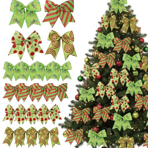 QhgPnt Christmas Tree Bows, Set of 16 Red Green Bows for Christmas Tree, 15x15cm Grinch Christmas Tree Decorations, Xmas Decorations for Wreaths and Trees, Festive Holiday Decor