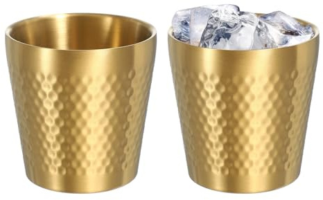 sourcing map 2 Pcs Stainless Steel Cups, 6oz/175ml Metal Cups Diamond Textured Insulated Portable Stackable Drinking Tumblers for Home Restaurant Outdoor Travel Camping, Gold