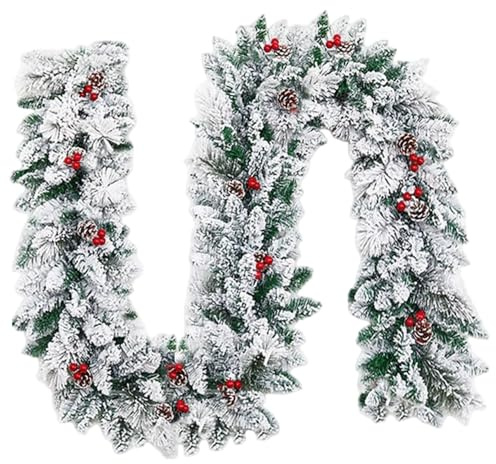 Beflockte Weihnachtsgirlande, 1, 5 m, künstliche Girlande mit Beeren und Tannenzapfen, verschneite Weihnachtsdekorationen für Kaminsims, Innenaufhänger für Türrahmen