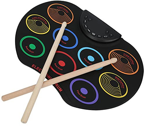 Julihai Batería Electrónica Portátil Compacta con 9 Pads de Colores, 3 Toms, 1 Caja, 1 Bombo, 3 Platillos y Bombo, con Entrada de Audio de,5 Mm, 8 Canciones de Demostración y 10 (Colores del
