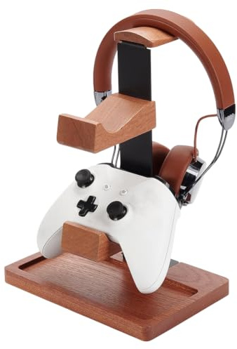 UNICRAFTALE Controller Holder with Headphone Stand Wood Gaming Controllers Stand Saddle Brown Gamer Controller Holder for Switch Headset Stands with Storage Organizer for Game Lover Game Room Decor