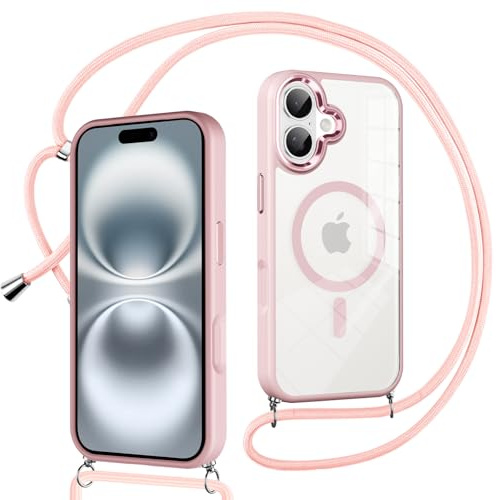 Niokfrci Magnetica Cover per iPhone 16 con Cordino, Compatibile con MagSafe, Transparent Sottile Silicone TPU Custodia Antiurto Bumper Case con Corda Collana Tracolla Laccio per iPhone 16, Rose