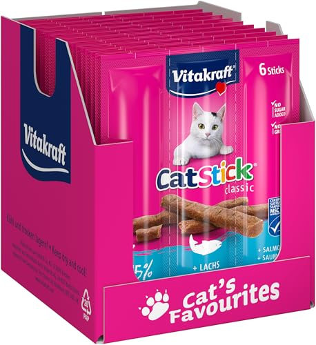 Vitakraft Cat Stick Classic, Katzen Leckerli, fleischiger Stick, mit Lachs, Vorratsgröße, ohne Zusatz von Zucker (10x 36g)