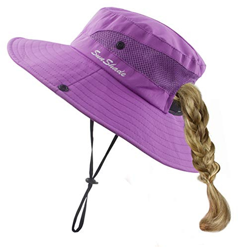 HGGE Sonnenhut für Kinder, Mädchen, UV-Schutz, breite Krempe, Strandkappe mit Pferdeschwanzloch - - EinheitsgröÃŸe