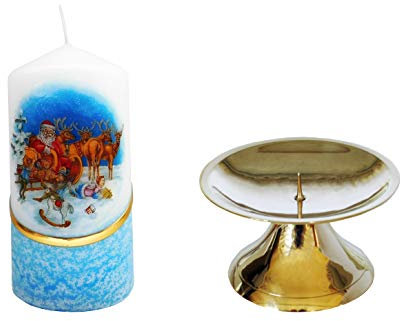 Meissner-Handel Auswahl Motiv, Weihnachtskerze ca. 6 x 12 cm, farbig getaucht, mit farbigen Wachs- und Bildauflagen, inkl. Messingständer (Motiv 042)