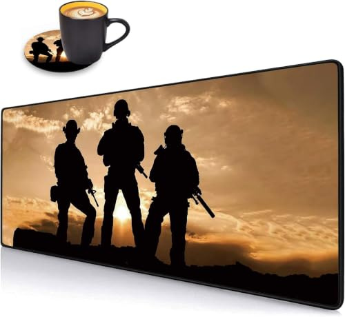 Desk Pad Mat Gaming Mouse Pads with Coasters Set, Stitched Edges Design Mouse Pad XXL Large Mouse Pad for Laptop Computers American Army Troops Military Desk Writing Mat for Office & Home 31.5x 11.8