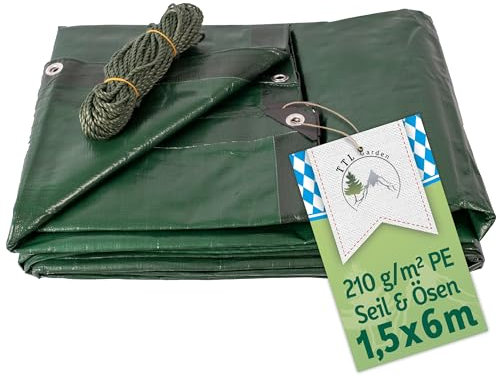 TTL Garden Premium Abdeckplane 1,5x6m 210g/m² grün + 17m Seil - reißfest & wasserdicht mit Ösen PE Gewebeplane verstärkte Ecken & Kanten wetterfest UV-beständigSchutzplane Holz Abdeck Plane Tarp