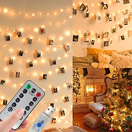 Jonurphy LED Fotoclips Lichterkette für Zimmer Deko,USB Oder Batterie Betrieben,10M 100LED Fotolichterkette mit Fernbedienung,8 Modi 50 Foto Clips für Wohnzimmer,Weihnachten,Hochzeiten