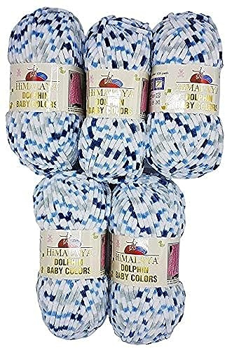 5 x 100 Gramm Strickwolle Himalaya Dolphin Baby Colours mehrfarbig, 500 Gramm Wolle super bulky (weiss blau dunkelblau 80411)