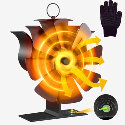 Dnieheic 8-Blade Log Burner Fan, Wood Burning Stove Fan, Heat Powered Silent Operation, Built-in Thermometer and Heat Resistant Gloves