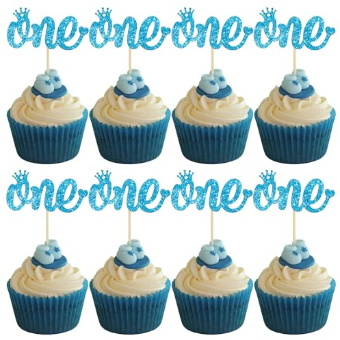 Gyufise 24 Pack One Cupcake Toppers Blue Glitter Baby First Birthday Party Cupcake Food Picks Decorations for Baby Shower Boys Girls Kids 1st Birthday Party Cake Decorations Supplies