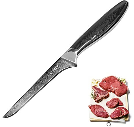 Cuchillo de Deshuesar de Damasco, TJ POP Cuchillo Ultra Afilado para Filetear Pescado y Carne, Diseño de Colmillo Completo, Hoja de Acero Japonés VG-10, Mango Antideslizante G10