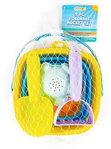 abeec 5 Piece Foldable Beach Bucket Set – Collapsible Sand Bucket & Sandpit Toys – Ideal Beach, Outdoor, Water, and Sand Toys for Kids