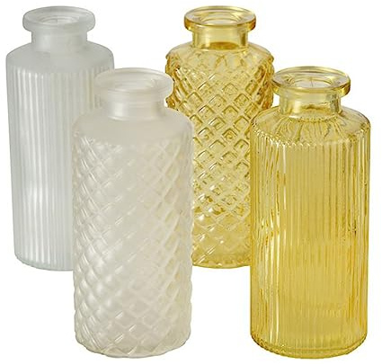 ReWu Blumenvase im 4er Set aus Glas in Flaschenform mit Relief Veredelung Dekovase Blumenvase für Ihren Wohnraum - Gelb