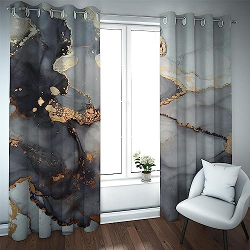 LEFEDA Schwarz Grau Marmor Verdunkelung Vorhänge für Jungen Schlafzimmer Dekor Gold Körnung Riss Textur Verdunkelung Fenster Vorhänge Wohnzimmer 2 Paneele 132x245cm