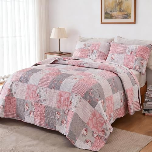 Pink Plaid Patchwork Quilt Set Extra Breit Super King Size Floral R- Gesteppte Tagesdecken-Set 3-teilig Grau Gitter Blumen Leichte Bettdecke Set Bettbezug mit 2 Kissenbezügen