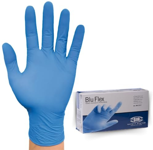 Sir Safety System GUANTO AZUL FLEX (conf.100 unidades) M Guantes nitrilo y vinilo BLU, guantes desechables, guantes de trabajo M, sin látex y sin polvo, elásticos. 100 piezas/caja.