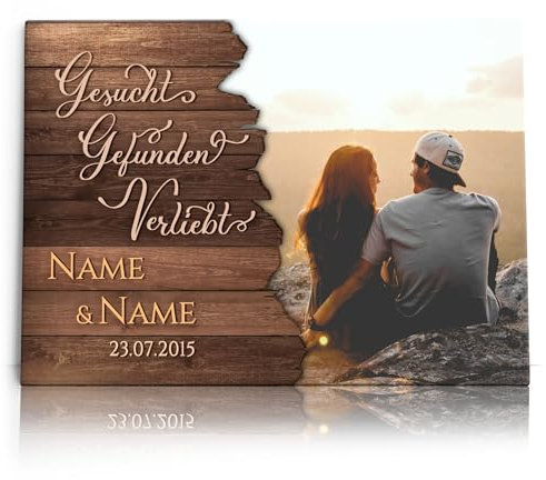 Liebesleinwand Foto Leinwand personalisiert Gesucht & Gefunden | Geschenk für sie oder ihn zum Jahrestag, Verlobung, Hochzeitstag | Leinwand mit Foto gestalten mit Namen und Datum