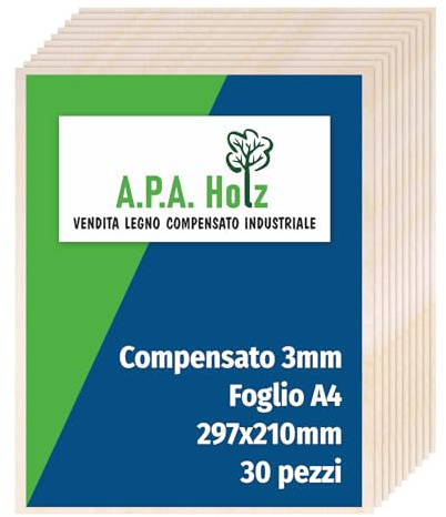 APA Holz Compensato di Betulla 3 mm, Foglio A4, Pannelli Multistrati di Betulla, Compensato Legno Qualità Professionale B/BB, Bricolage, Pirografia, Traforo, Legno da Decorare| 297x210 mm Pezzi 30