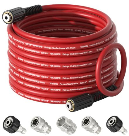 SITIMIMIL Hochdruckreiniger-Schlauch, 0,6 cm x 15 m, knickfrei, mit M22–14 mm Edelstahl-Gewinde, Hochdruckreiniger-Schlauch, Edelstahl-Adapter-Set (5-teilig), geeignet für Ryobi, Troy Bilt,